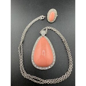 Vintage Avon Necklace Ring Set‎ Silver Tone Rhinestone Pink Lucite 23"